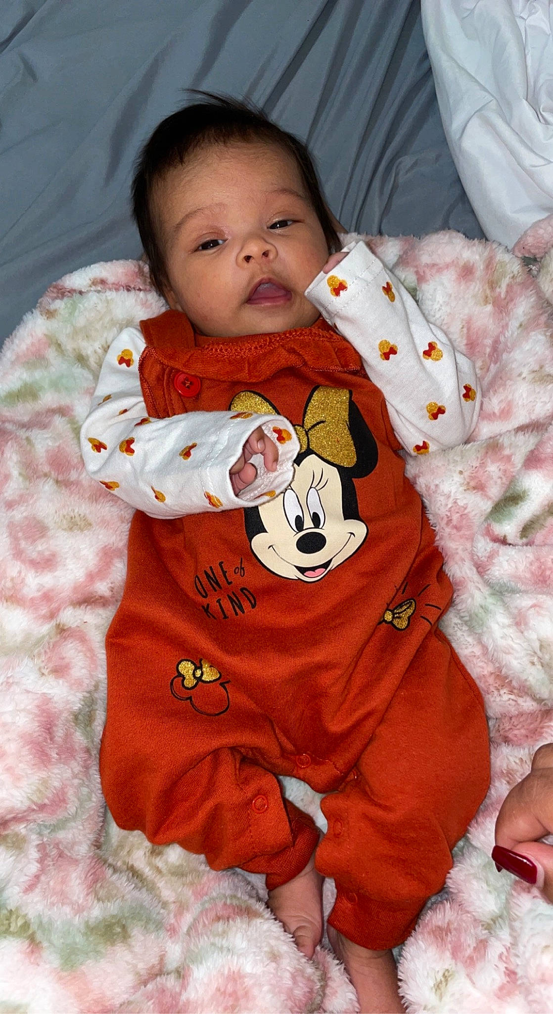 Avaleigh joined the competition — help win amazing prizes! baby, baby_toddler_clothing, child, collar, comfort, facial_expression, happy, head, linens, nightwear, orange, pattern, peach, person, pink, sitting, skin, sleeve, t_shirt, textile