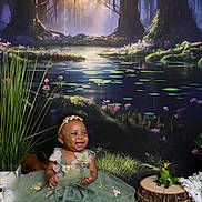 Aurra joined the competition — help win amazing prizes! baby, child, dress, green_dress, smiling, forest_backdrop, flowers, plants, frog_figurine, tree_stump, headband, nature, fantasy, fairy_tale, sitting, happy, grass, water_lilies, portrait, indoor