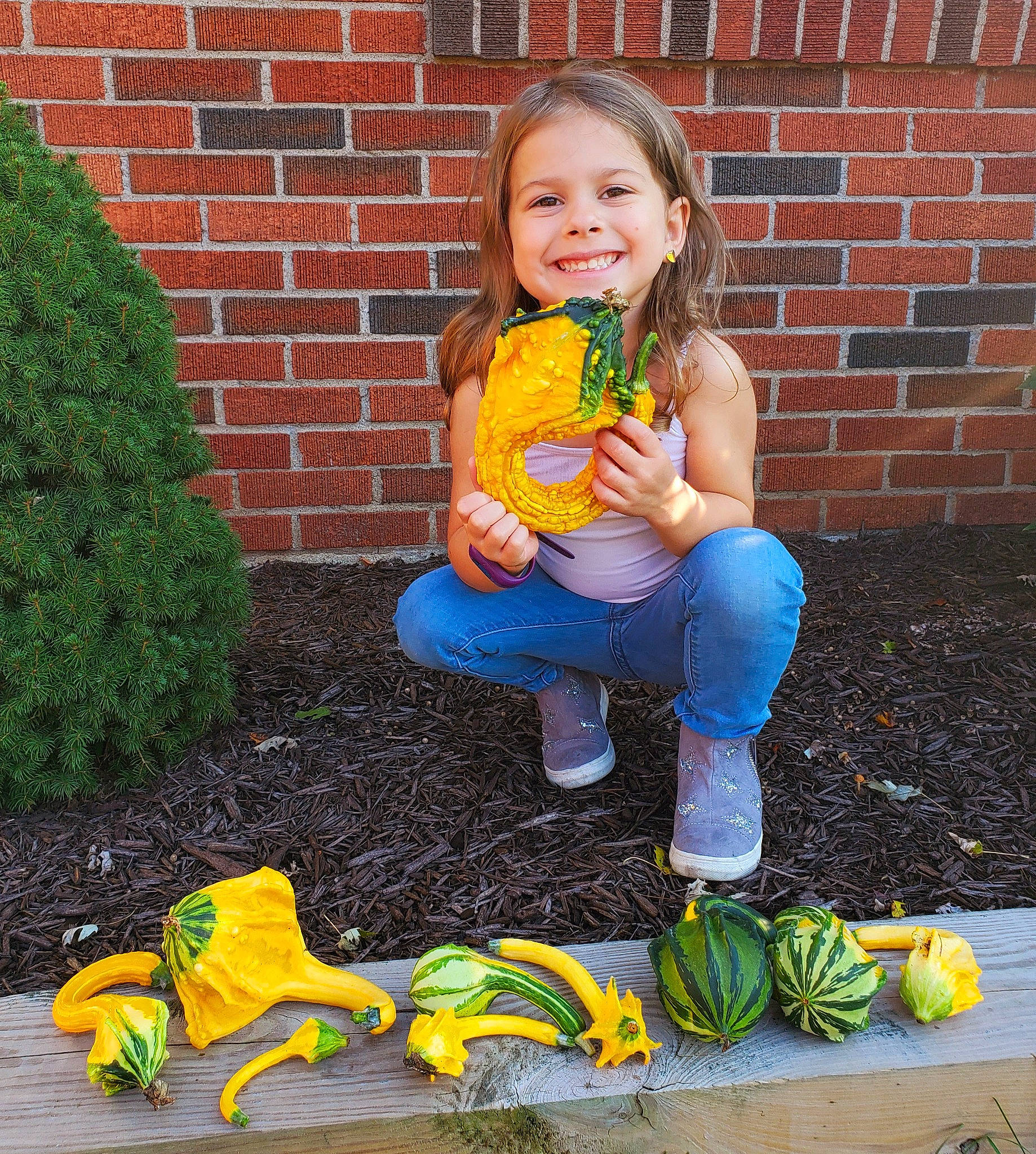Preslee joined the competition — help win amazing prizes! _and_melon_family, _gourd, calabaza, child, cucumber, cucurbita, joy, person, plant, play, pumpkin, sitting, smile, squash, toddler, vegetable, winter_squash, yellow
