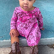 Gianna joined the competition — help win amazing prizes! child, baby, pink_dress, cowboy_boots, porch, step, flowers, basket, outdoor, serious_expression, sitting, concrete, pavement, hair_buns, patterned_clothing, footwear, person, young_child, casual, daylight