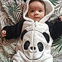 baby, panda_onesie, infant, child, cute, costume, hood, blanket, pattern, leafy, soft, footwear, lying_down, portrait, indoors, warm_clothing, smiling, face, young_child, cozy
