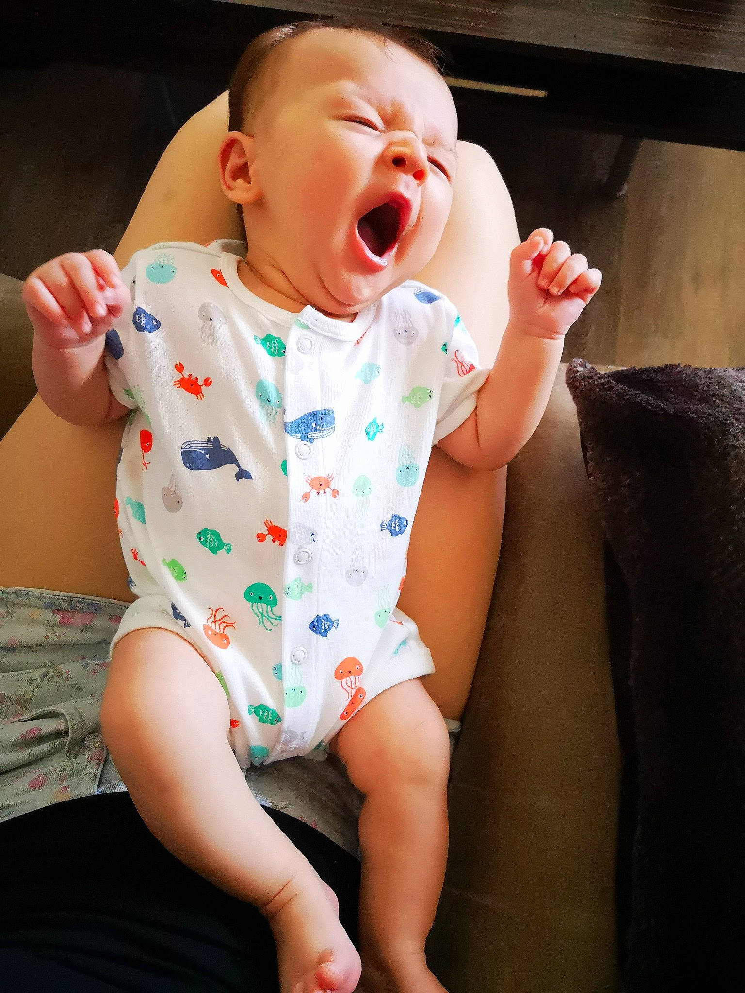Kylar is registered to the contest to win money with this photo: baby, cheek, child, facial_expression, happy, leg, mouth, person, sitting, skin, sleeve, smile, toddler, yawn