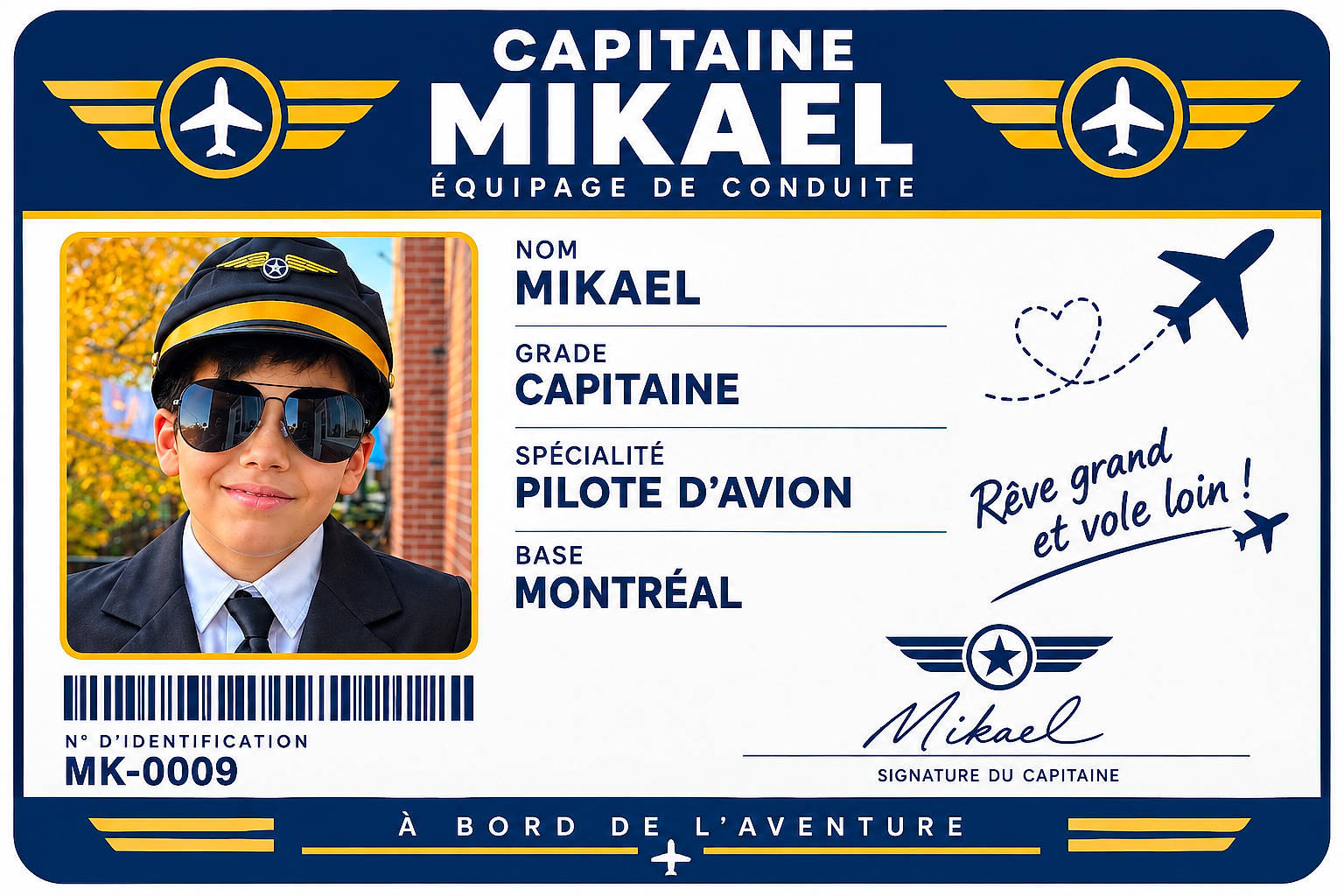 airplane, aviation, aviator, badge, barcode, blue_background, child, costume, graphic_design, identification_card, montreal, pilot, portrait, printed_card, smiling, sunglasses, text, uniform, wings, yellow_accents