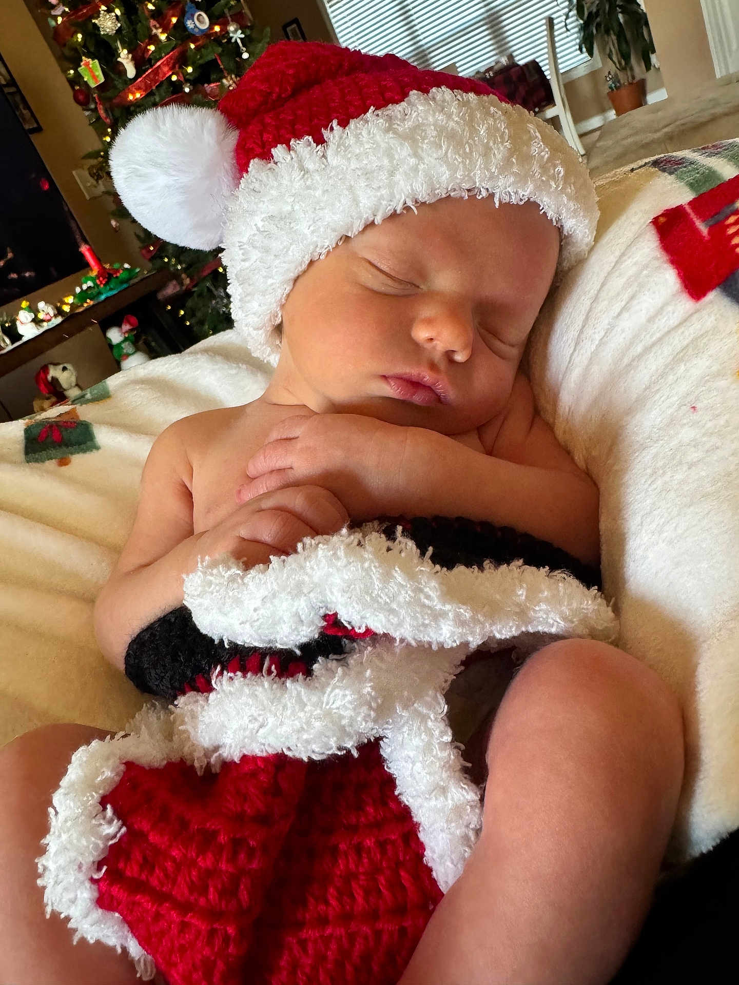Atlas joined the competition — help win amazing prizes! baby, sleeping, santa_hat, blanket, christmas_tree, holiday, cozy, indoor, infant, festive, decorations, cushion, peaceful, cute, child, portrait, soft, warm, holiday_season, relaxation