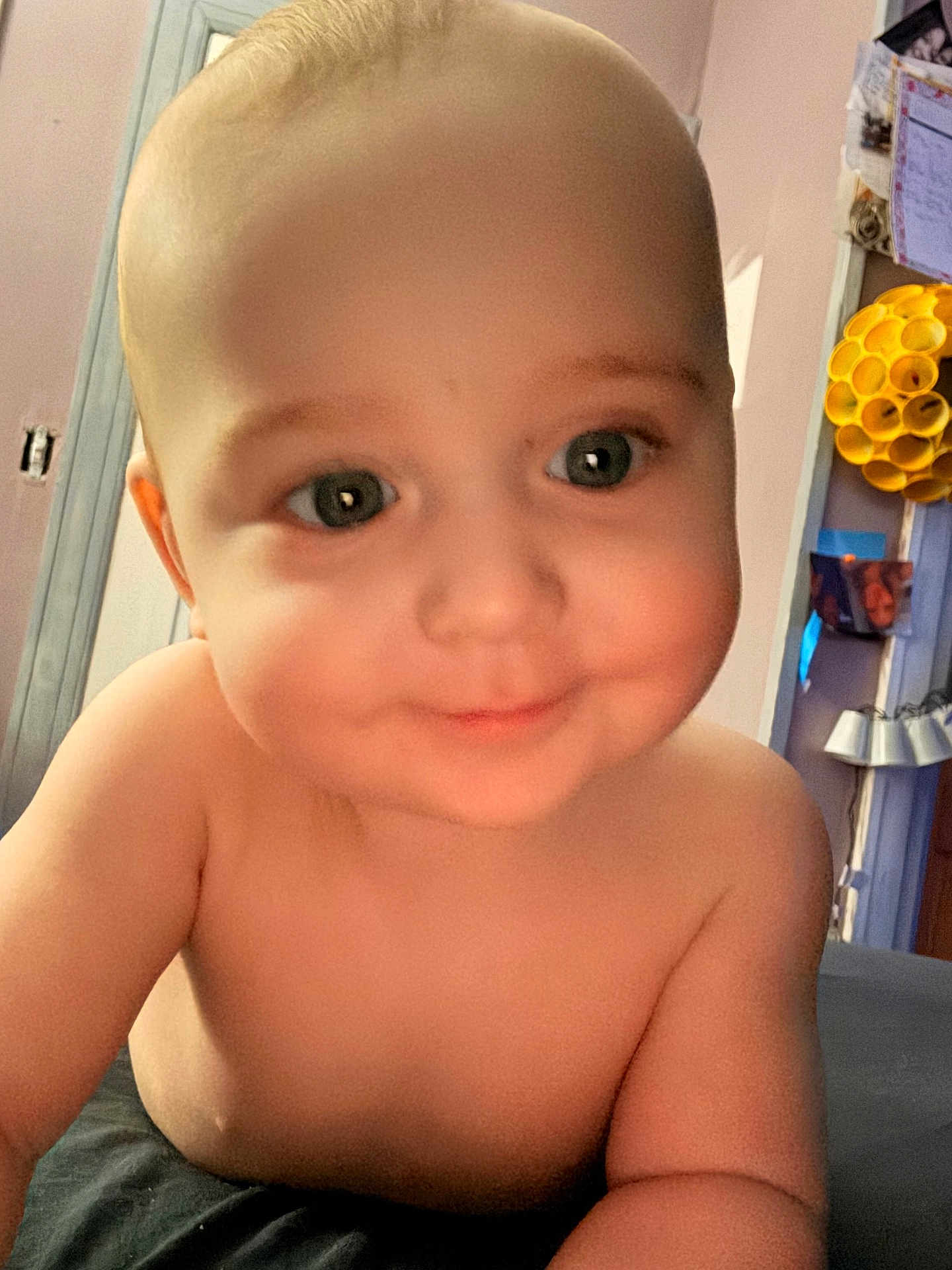 Jackdaniel joined the competition — help win amazing prizes! baby, infant, child, face, eyes, smile, cheeks, bare_chest, closeup, portrait, indoor, bedroom, toy, lamp, doorway, skin, cute, playful, young_child, photography