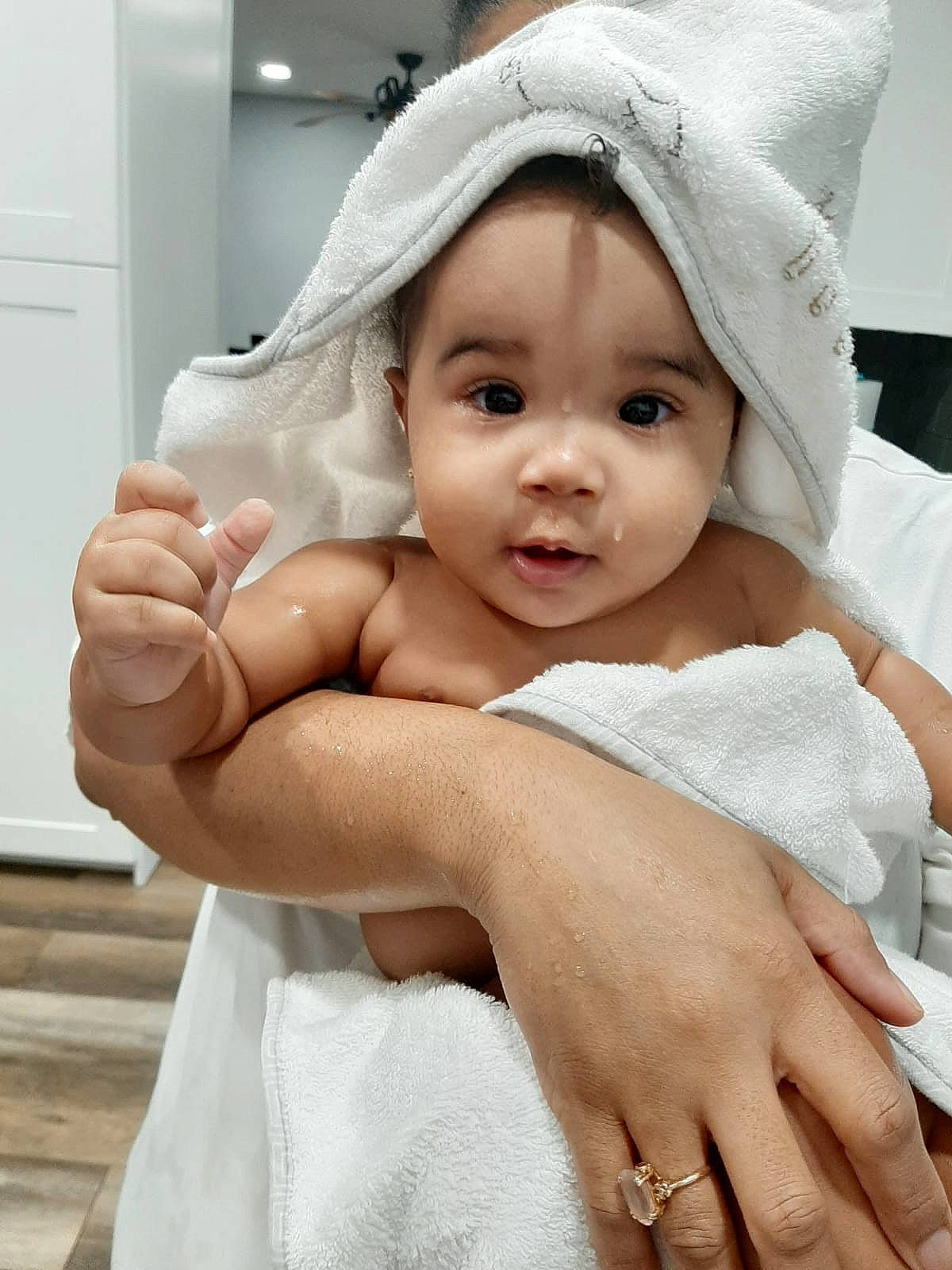 Catherine joined the competition — help win amazing prizes! baby, baby_products, baby_toddler_clothing, body_jewelry, bonnet, bracelet, cheek, child, costume_accessory, engagement_ring, finger, hand, headwear, nail, nose, person, ring, skin, thumb, toddler