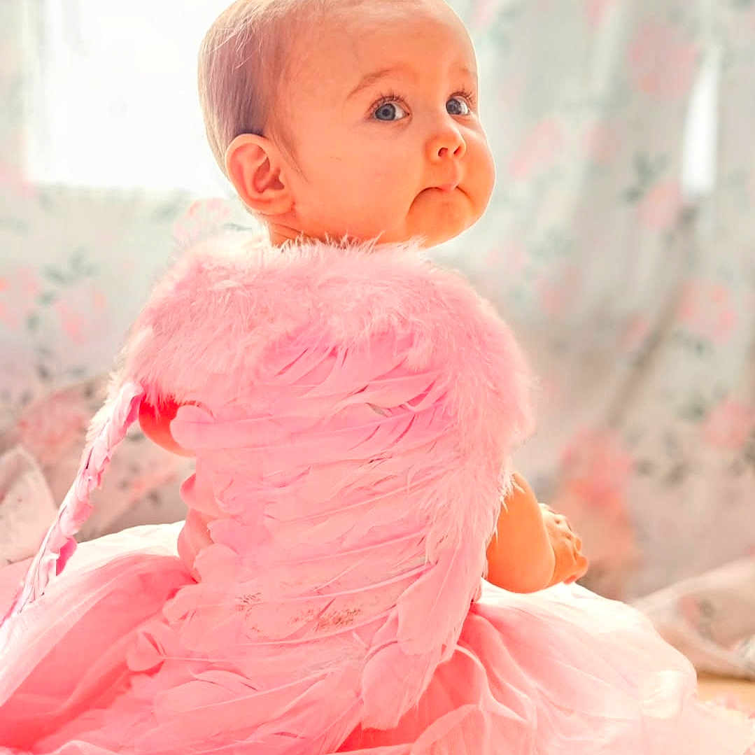élora a rejoint le concours — aidez-le/la à gagner de superbes lots ! adorable, angel, baby, child, costume, cute, decor, fairy_tale, feather_wings, fluffy, gazing, indoors, infant, pastel_colors, pink_dress, portrait, sitting, soft_lighting, soft_texture, young