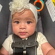 Isalei joined the competition — help win amazing prizes! baby, child, infant, car_seat, headband, flower, harness, close_up, face, straps, toy, indoor, cute, portrait, skin, eyes, clothing, sitting, small_child, baby_girl