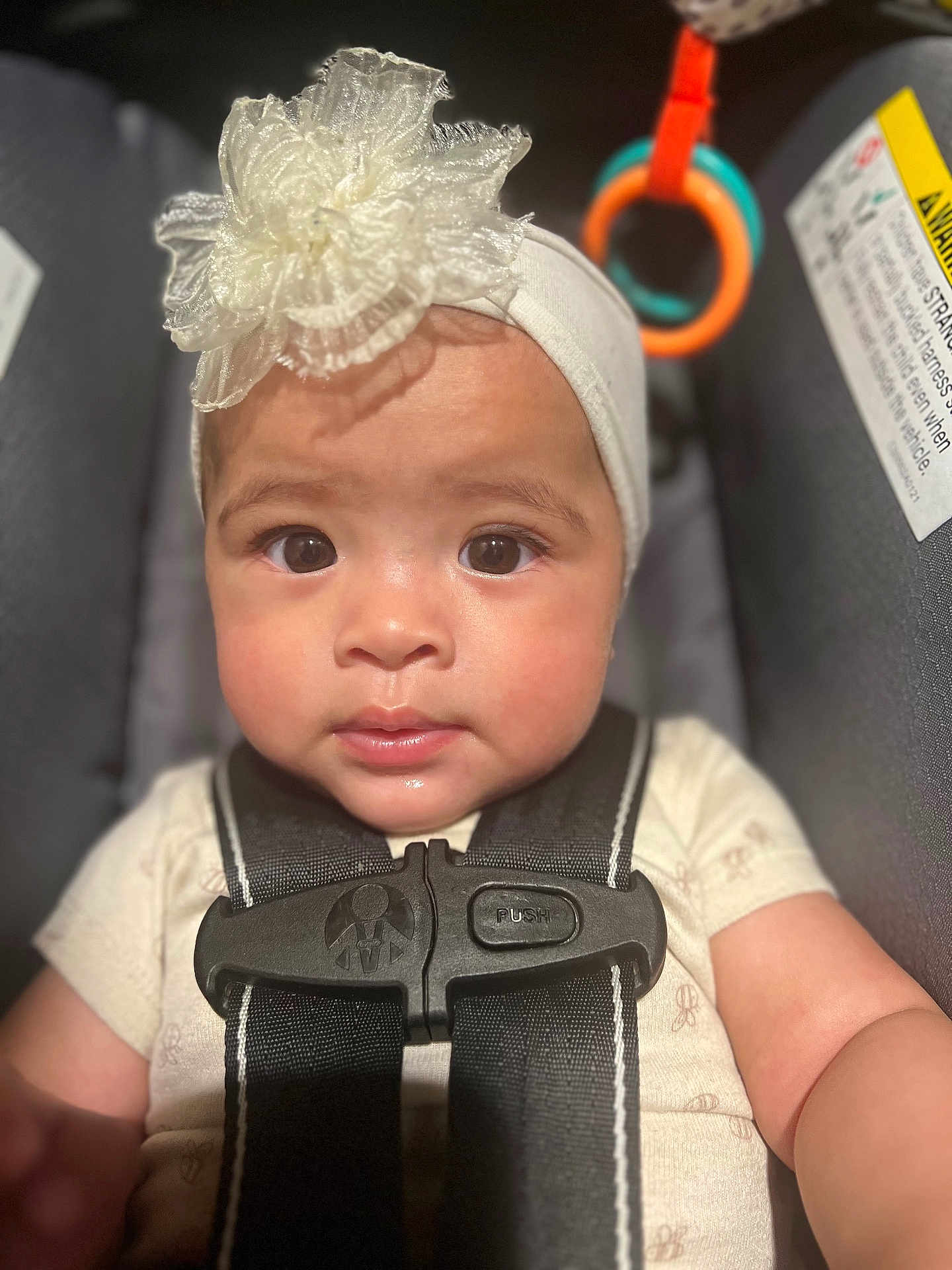 Isalei joined the competition — help win amazing prizes! baby, child, infant, car_seat, headband, flower, harness, close_up, face, straps, toy, indoor, cute, portrait, skin, eyes, clothing, sitting, small_child, baby_girl