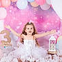 Kiara participe au concours pour gagner de l'argent avec cette photo : child, girl, birthday, balloons, tutu, white_dress, pink_background, celebration, number_three, decorations, happy, smiling, party, festive, cute, lantern, clouds, curly_hair, joyful, indoor