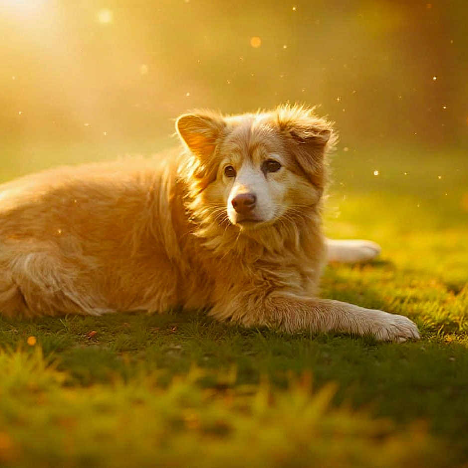 Lord Louis joined the competition — help win amazing prizes! animal, beautiful, canine, daytime, dog, field, fluffy, fur, golden_hour, grass, lying_down, nature, outdoor, peaceful, pet, portrait, relaxed, serene, sunlight, warm_light