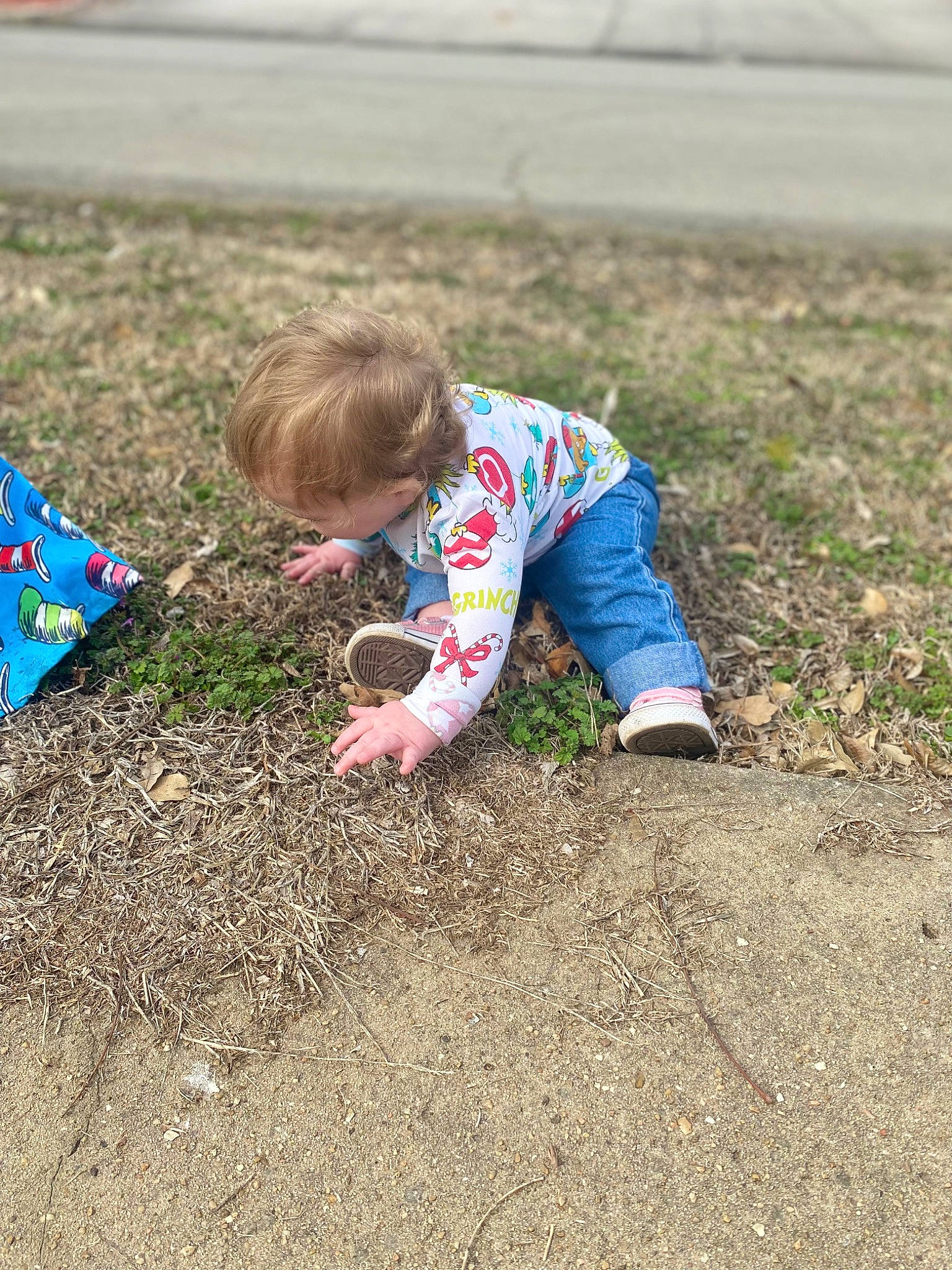 Adelyn is registered to the contest to win money with this photo: asphalt, baby, baby_toddler_clothing, child, fun, grass, landscape, lawn, people_in_nature, person, play, road_surface, sand, shadow, sitting, soil, toddler