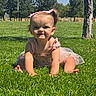 toddler, child, grass, outdoor, park, sunlight, greenery, dress, bow, happy, crawling, nature, trees, sky, smile, summer, baby, playful, person, young_child