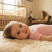Eliah is registered to the contest to win money with this photo: baby, infant, carpet, floor, pink_clothing, crib, wooden_crib, armchair, furniture, room, indoor, child, face, eyes, cute, portrait, laying_down, soft_texture, homedecor, cozy