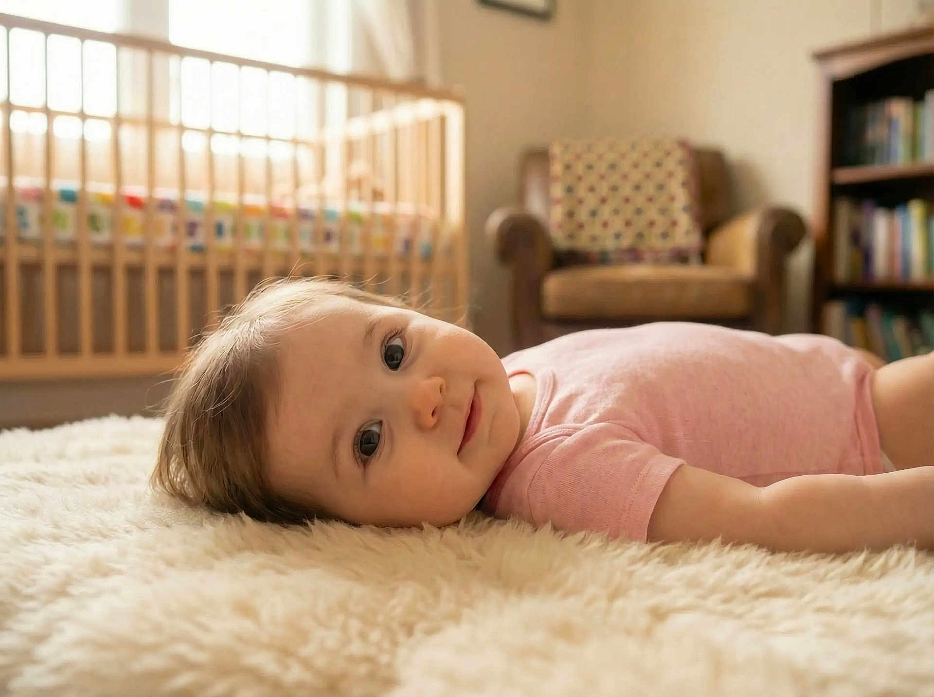 Eliah is registered to the contest to win money with this photo: baby, infant, carpet, floor, pink_clothing, crib, wooden_crib, armchair, furniture, room, indoor, child, face, eyes, cute, portrait, laying_down, soft_texture, homedecor, cozy