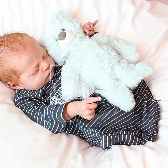 Carson joined the competition — help win amazing prizes! baby, newborn, sleeping, teddy_bear, plush_toy, bed, blanket, infant, cute, soft, comfort, child, peaceful, clothing, striped, rest, cuddly, portrait, indoors, relaxation