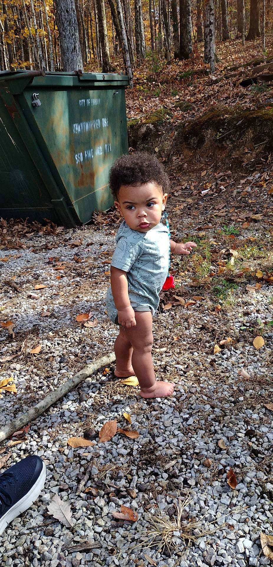 Julius is registered to the contest to win money with this photo: adaptation, asphalt, cobblestone, deciduous, flash_photography, flooring, foot, grass, human_leg, leaf, leisure, people_in_nature, person, road_surface, rock, sidewalk, sitting, soil, tints_and_shades, toddler