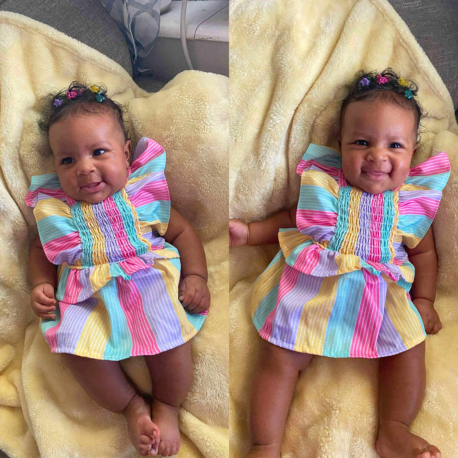 Nehmahia joined the competition — help win amazing prizes! baby, child, smiling, cute, colorful_dress, striped_dress, curly_hair, hair_clips, flower_clips, blanket, soft_texture, indoor, portrait, infant, happy, two_images, side_by_side, skin, lying_down, playful