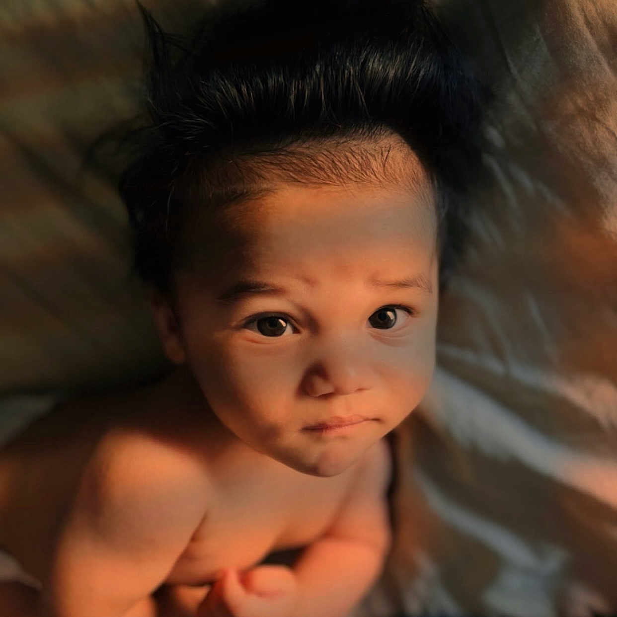 Wally a rejoint le concours — aidez-le/la à gagner de superbes lots ! baby, child, close_up, curious, cute, expression, eyes, face, hair, human, indoors, infant, light, person, portrait, shadow, skin, soft_light, warm_tones, young