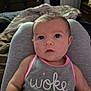 Isabella joined the competition — help win amazing prizes! baby, infant, face, person, clothing, tank_top, pink, gray, eyes, arms, indoor, bedroom, blanket, furniture, curious, sitting, skin, head, expression, human