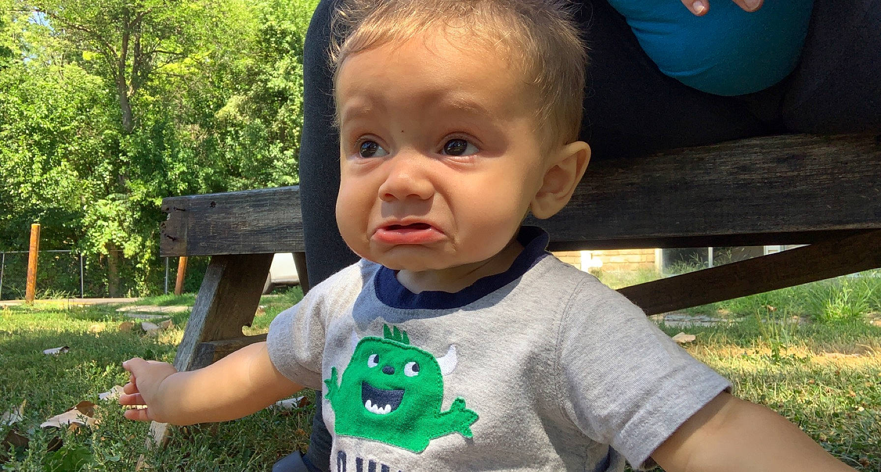 Elijah joined the competition — help win amazing prizes! baby_toddler_clothing, cheek, child, cool, finger, fun, grass, happy, leaf, leisure, mouth, nose, person, plant, sitting, sleeve, t_shirt, thumb, toddler, tree