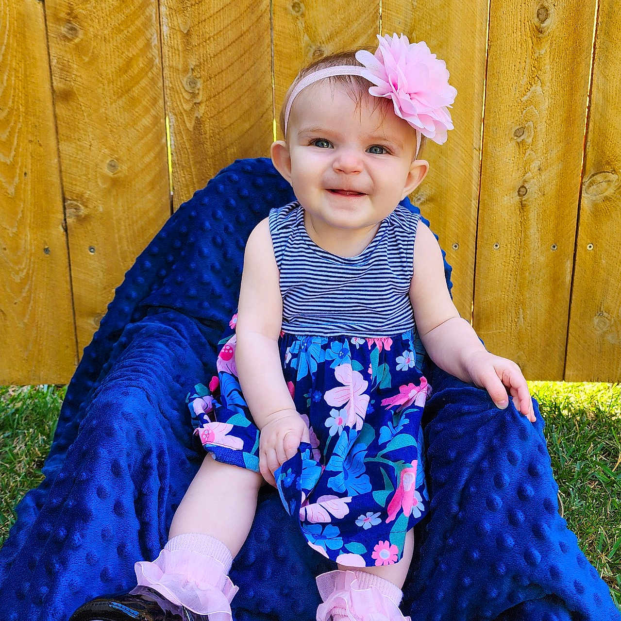 Scarlett joined the competition — help win amazing prizes! baby, blue_blanket, child, cute, dress, floral, flower, girl, grass, happy, headband, outdoor, pink, portrait, shoes, sitting, smile, socks, sunlight, wooden_fence