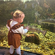 Kaly a rejoint le concours — aidez-le/la à gagner de superbes lots ! child, toddler, aquarium, fish, glass, rocks, water, gravel, standing, boots, sweater, romper, braided_hair, curiosity, reflection, pet_fish, viewing, indoor, portrait, hands