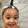 bathing, bathroom, bathtub, child, closeup, eyes, face, happy, indoor, laughing, marble_tile, mohawk, portrait, shampoo, smiling, soap, teeth, toddler, water, wet_hair