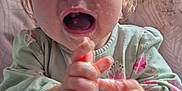 Lyanna joined the competition — help win amazing prizes! toddler, child, messy, food, spoon, highchair, face, hands, expression, indoors, clothing, hair, plate, table, eating, baby, mouth_open, feeding, dining, cute