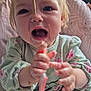 toddler, child, messy, food, spoon, highchair, face, hands, expression, indoors, clothing, hair, plate, table, eating, baby, mouth_open, feeding, dining, cute