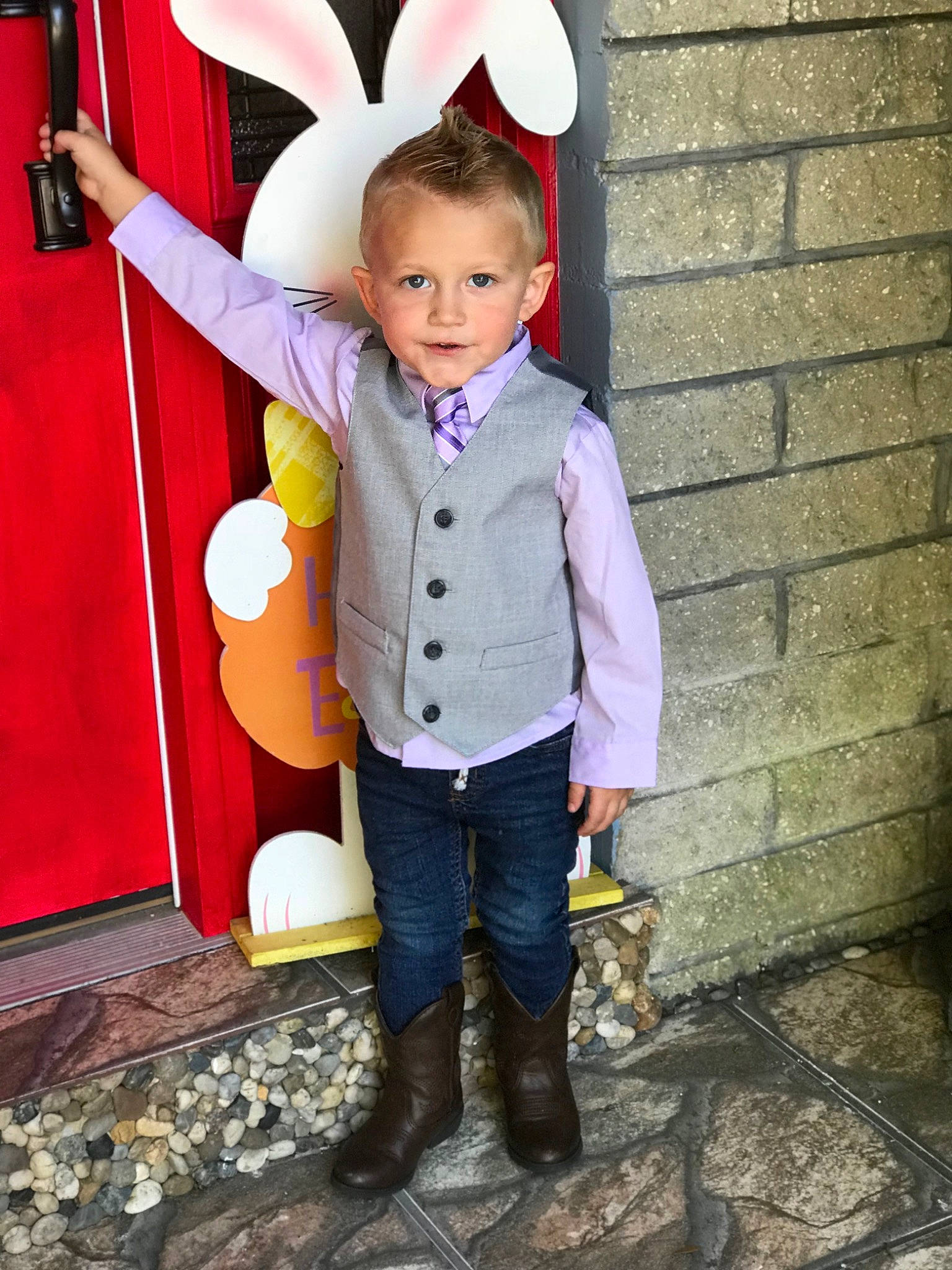Aiden is registered to the contest to win money with this photo: child, child_model, costume, happy, jeans, outerwear, person, smile, standing, toddler