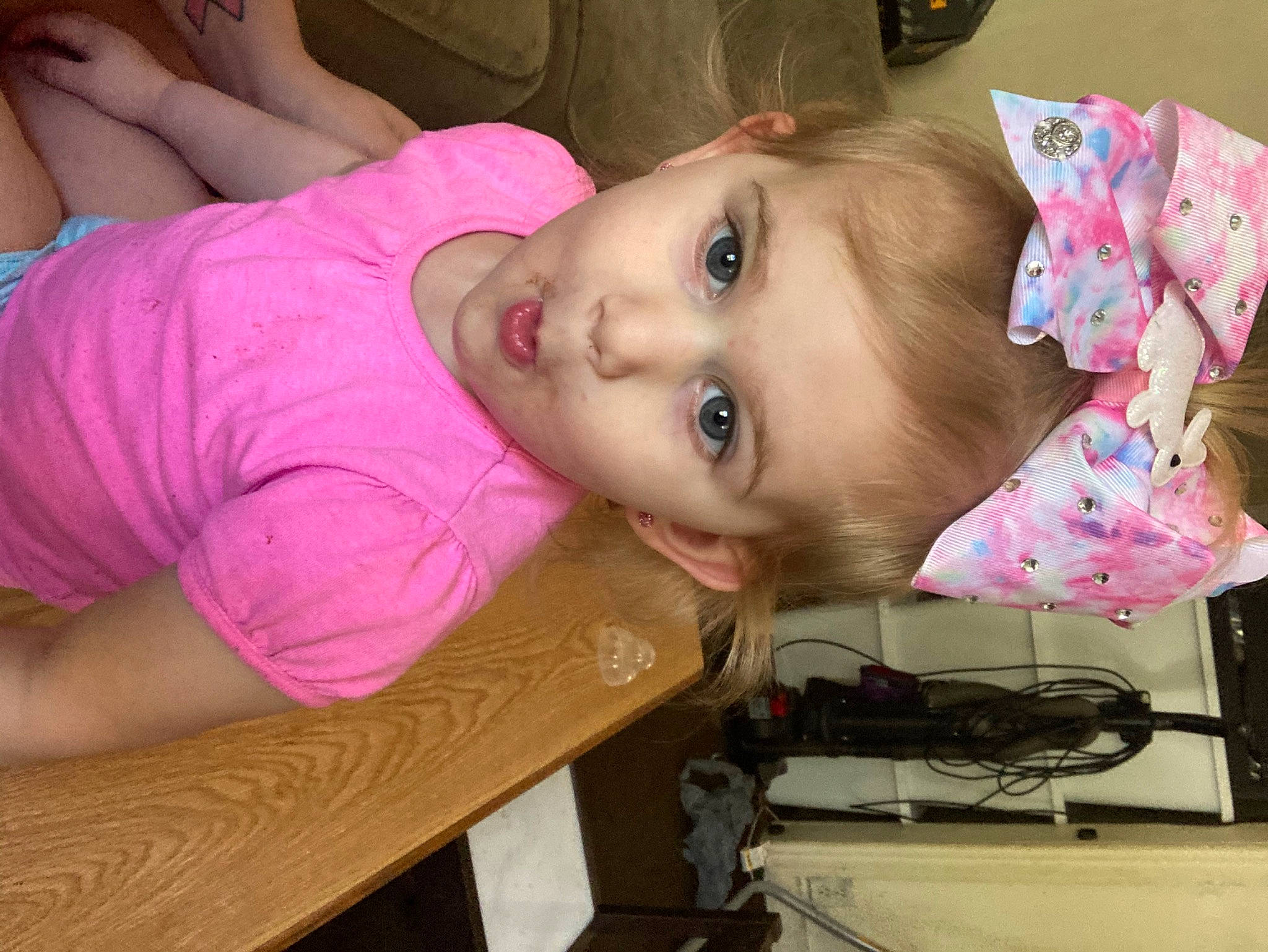 Adalyn is registered to the contest to win money with this photo: baby, baby_toddler_clothing, cheek, child, chin, ear, eye, eyebrow, eyelash, facial_expression, iris, lip, mouth, neck, nose, organ, person, pink, skin, smile