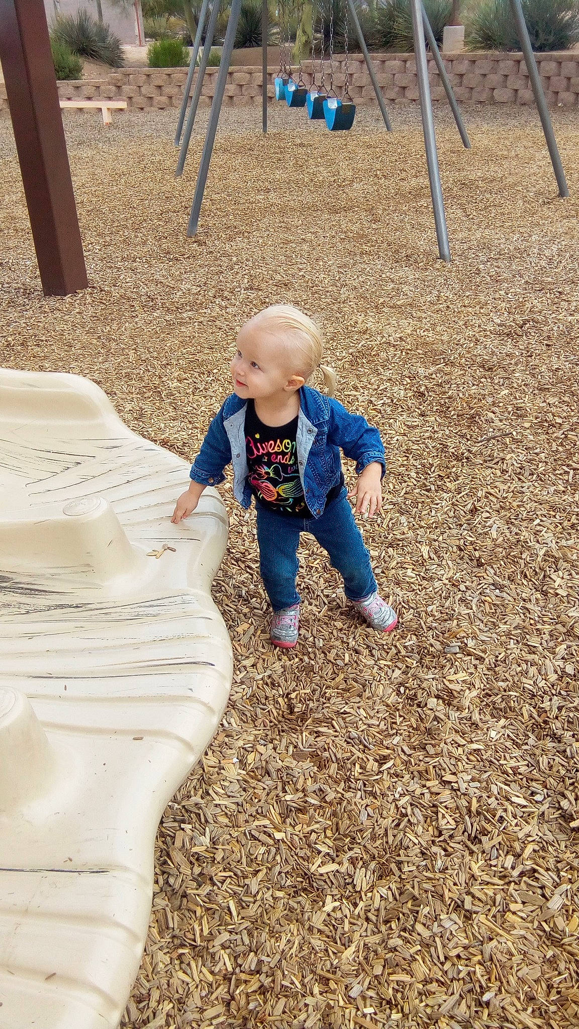 Ryver is registered to the contest to win money with this photo: child, fun, girl, grass, outdoor_play_equipment, person, plant, play, playground, public_space, recreation, sand, soil, toddler, tree, vacation