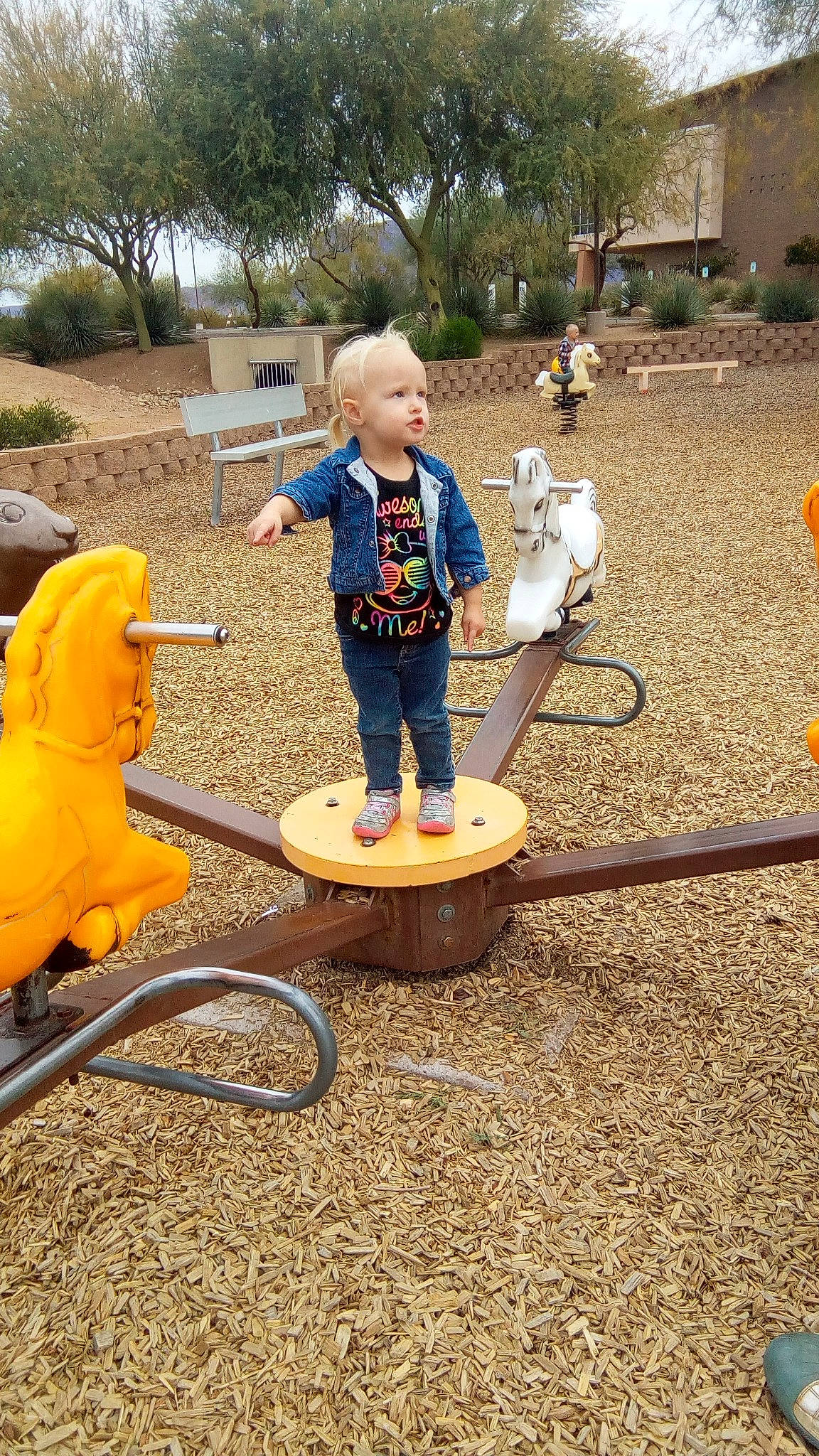 Ryver is registered to the contest to win money with this photo: child, fun, outdoor_play_equipment, person, plant, play, playground, public_space, recreation, tree, vacation, vehicle, vertebrate, water, yellow