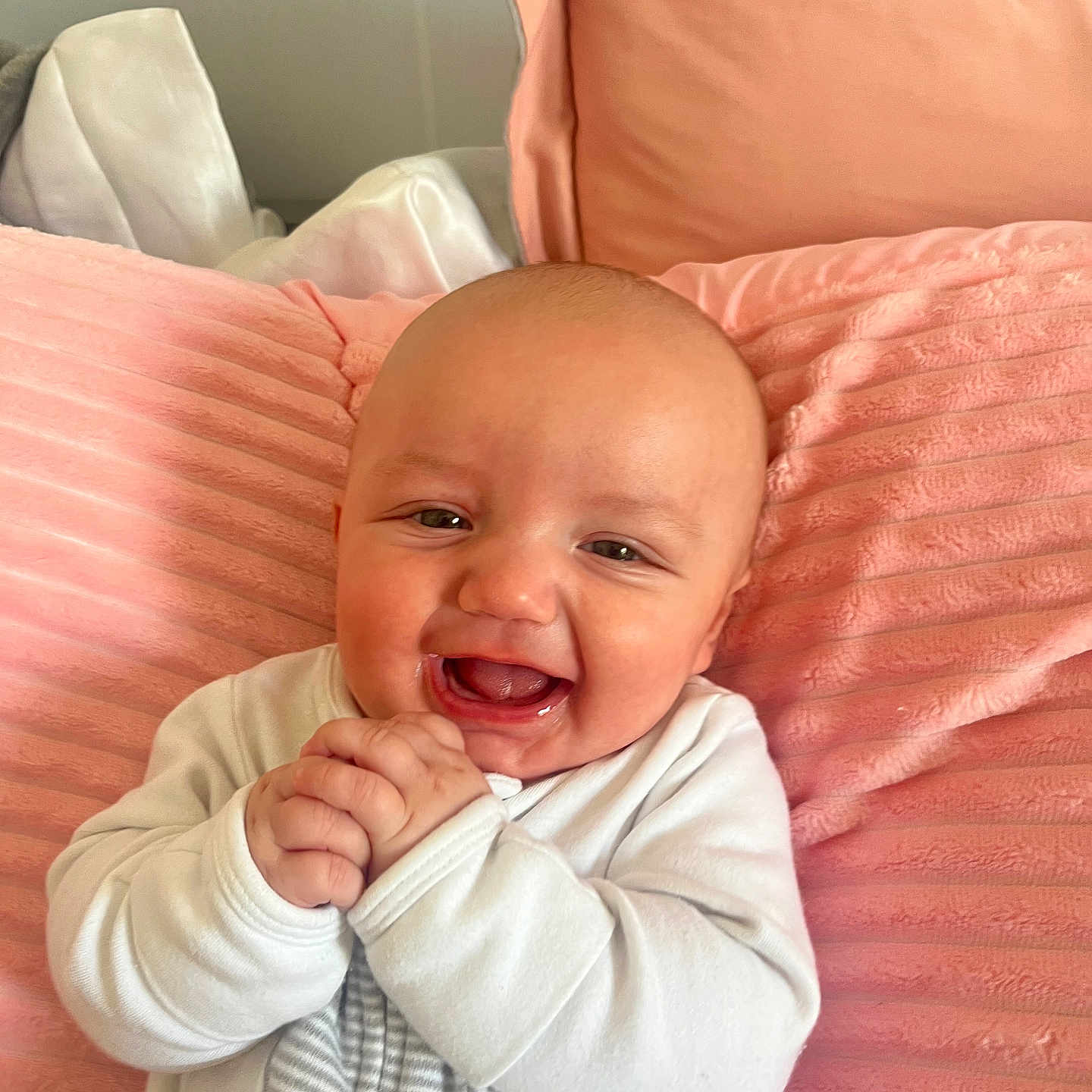 Zayden joined the competition — help win amazing prizes! baby, babylaughing, crib, cushion, face, furniture, happy, head, homedecor, infantbed, laughing, newborn, person, photography, portrait, smile