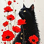 black_cat, cat, red_flowers, poppies, flower_stems, yellow_eyes, nature, plant, animal, portrait, floral, bright_colors, contrast, artistic, elegant, whiskers, botanical, wildflowers, close_up, serene