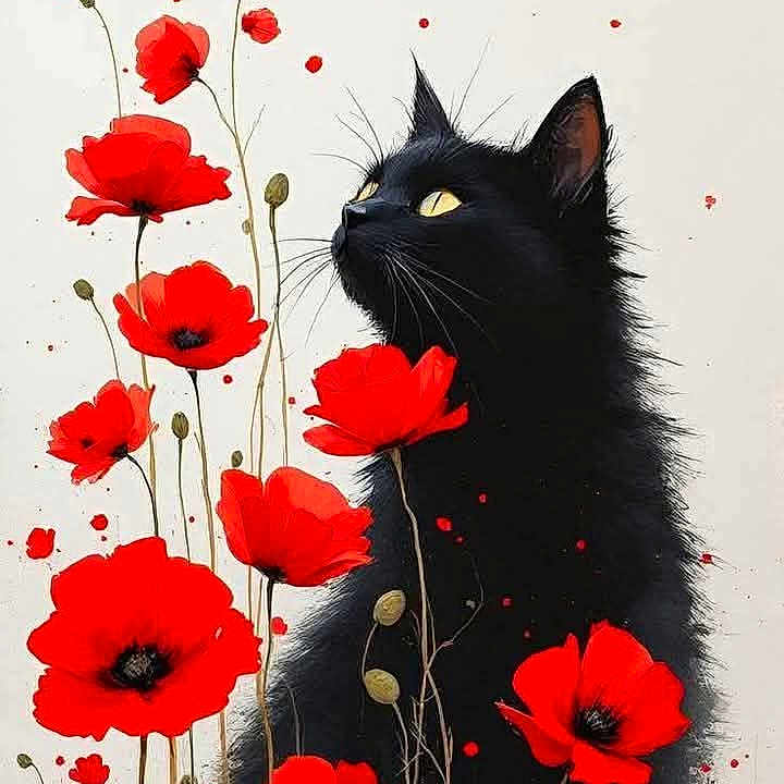 Kenji participe au concours pour gagner de l'argent avec cette photo : animal, artistic, black_cat, botanical, bright_colors, cat, close_up, contrast, elegant, floral, flower_stems, nature, plant, poppies, portrait, red_flowers, serene, whiskers, wildflowers, yellow_eyes