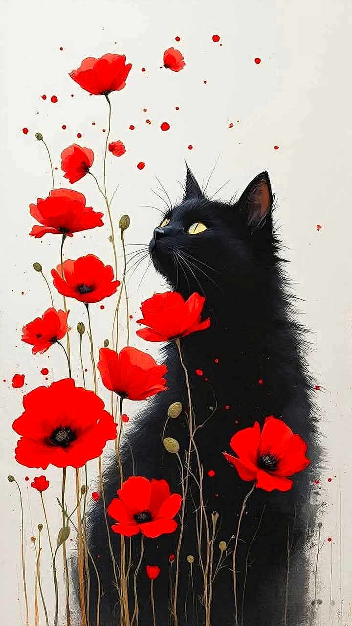 Kenji participe au concours pour gagner de l'argent avec cette photo : black_cat, cat, red_flowers, poppies, flower_stems, yellow_eyes, nature, plant, animal, portrait, floral, bright_colors, contrast, artistic, elegant, whiskers, botanical, wildflowers, close_up, serene