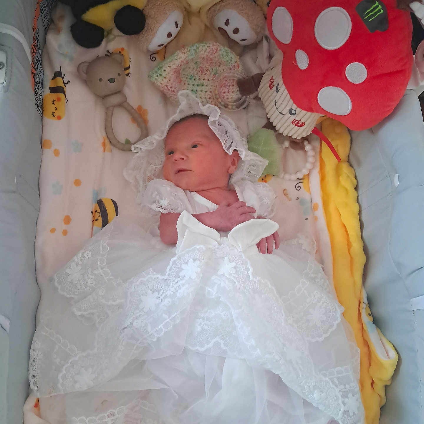 Rozalin is registered to the contest to win money with this photo: adorable, baby, bed, blanket, child, cozy, crib, cute, delicate, headwear, infant, lace, newborn, plush, resting, sleeping_area, small, soft_toys, stuffed_toys, white_dress