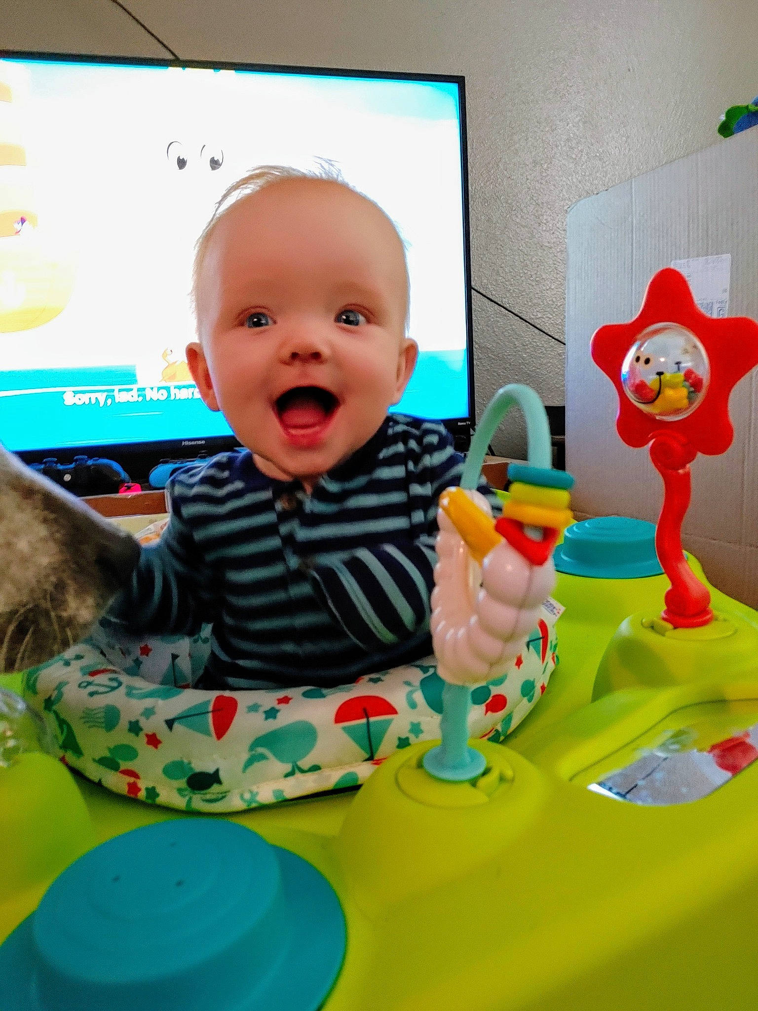 Evander joined the competition — help win amazing prizes! art, baby, baby_playing_with_toys, baby_products, baby_toddler_clothing, baby_toys, child, facial_expression, fun, green, happy, person, plastic, play, product, room, sitting, smile, toddler, toy