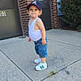Axel joined the competition — help win amazing prizes! baseball_cap, boy, brick_building, casual_clothing, child, concrete, curious, daylight, denim_shorts, door, greenery, outdoor, playful_expression, sidewalk, sneakers, standing, toddler, urban, white_tank_top, window