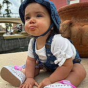 Duleivis Isabella joined the competition — help win amazing prizes! baby, child, concrete, cute, denim_hat, denim_overalls, expression, fountain, infant, outdoor, palm_trees, pink_bow, playful, portrait, shoes, sitting, small_hands, summer, tongue_out, white_shirt