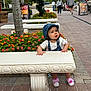 Duleivis Isabella joined the competition — help win amazing prizes! bench, blue, casual, child, curious, daytime, decorative, flowers, hat, outdoor, overalls, park, pavement, people, pink, plants, shoes, sunhat, toddler, walking