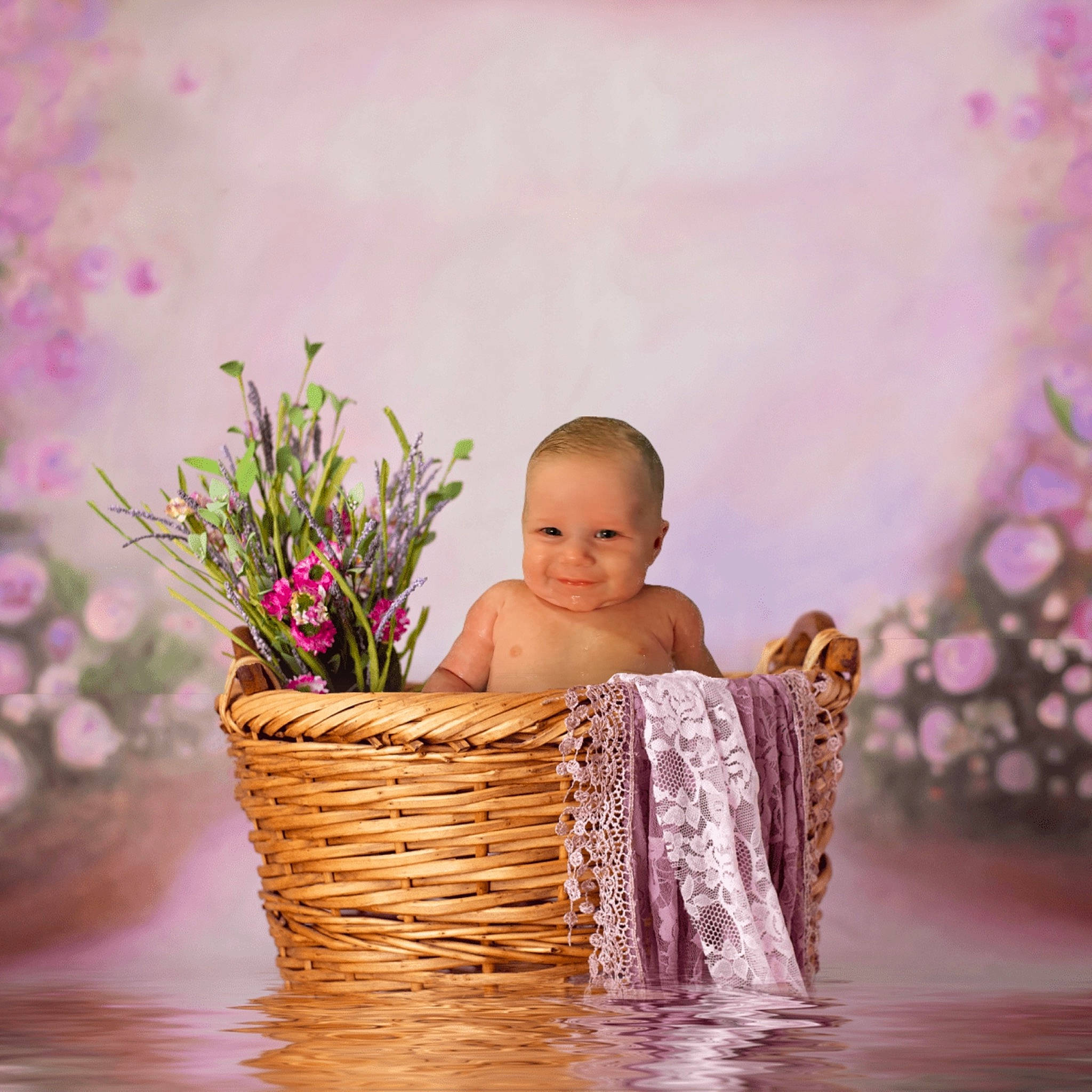Huxley is registered to the contest to win money with this photo: baby, basket, chair, child, event, flash_photography, flower, grass, happy, hardwood, joy, leisure, lighting, people_in_nature, person, petal, pink, plant, sitting, sunlight