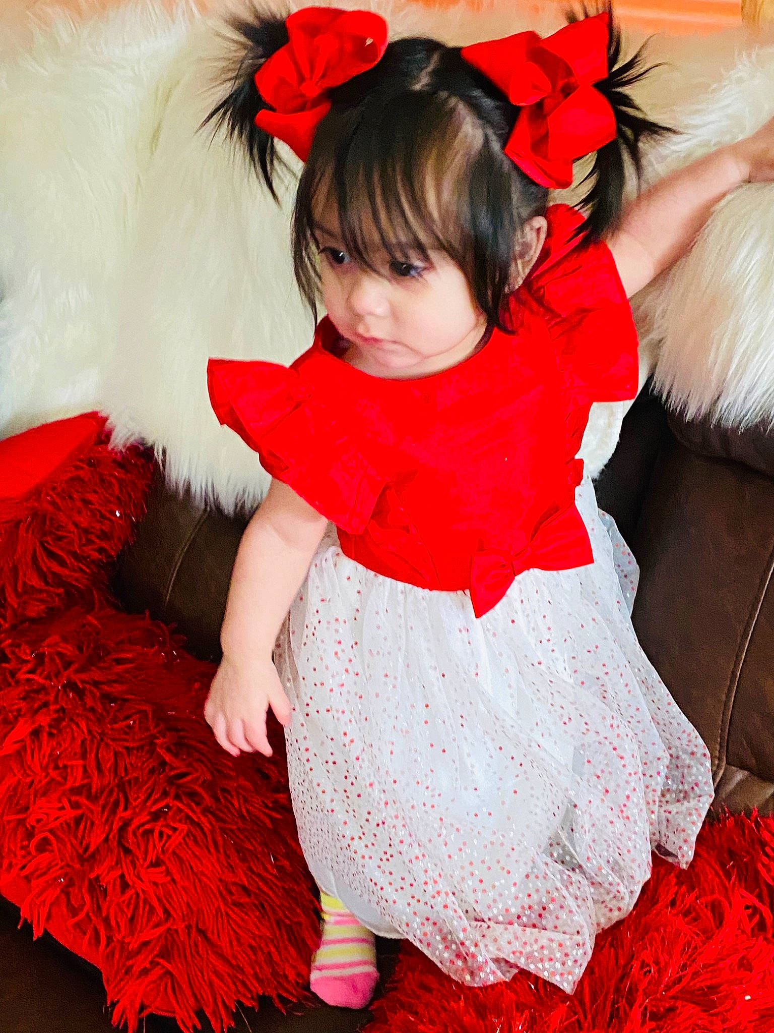 Makayla is registered to the contest to win money with this photo: baby_toddler_clothing, beauty, child, costume_hat, day_dress, dress, embellishment, event, fashion, happy, hat, headpiece, magenta, person, petal, pink, red, skin, sleeve, toddler