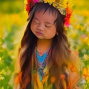 Lynn is registered to the contest to win money with this photo: child, flower_crown, long_hair, closed_eyes, colorful_clothing, field, flowers, nature, portrait, peaceful, outdoor, greenery, yellow, blurred_background, young, person, vibrant, soft_focus, spring, serene