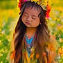 child, flower_crown, long_hair, closed_eyes, colorful_clothing, field, flowers, nature, portrait, peaceful, outdoor, greenery, yellow, blurred_background, young, person, vibrant, soft_focus, spring, serene
