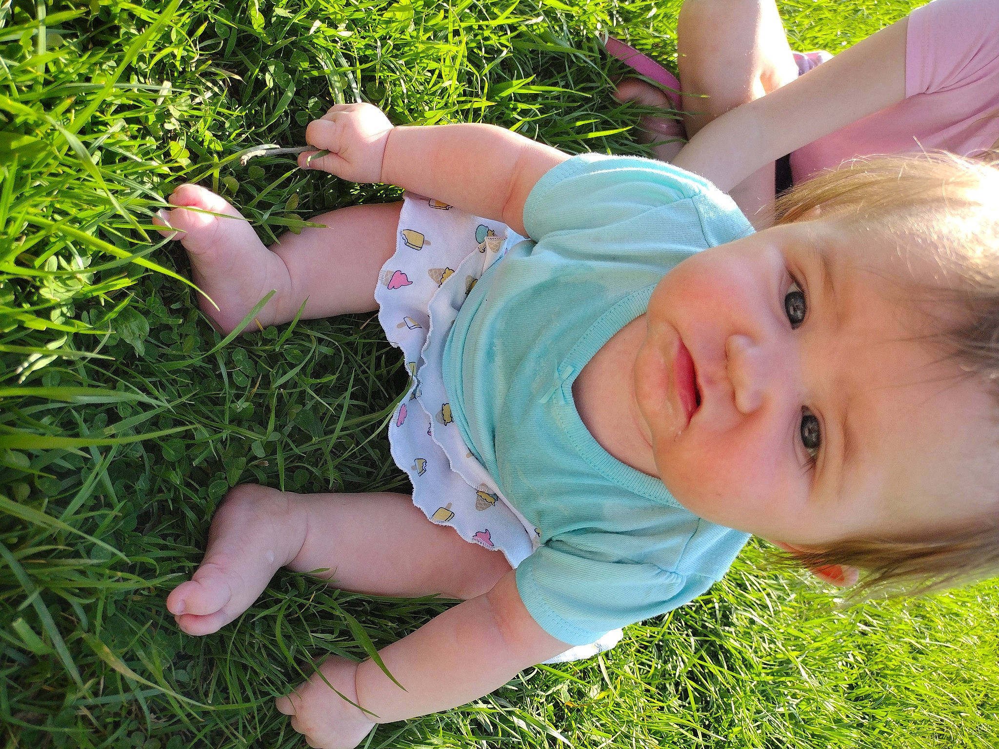 Calliope is registered to the contest to win money with this photo: baby, baby_toddler_clothing, child, fun, grass, grassland, hand, happy, lawn, leisure, meadow, natural_environment, people_in_nature, person, plant, play, sitting, skin, summer, sunlight
