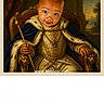 baby, browser_screenshot, child, costume, crown, digital_art, face, gold, historical, indoors, ornate, painting_style, portrait, regal, royal, scepter, seated, throne, toddler, watermark