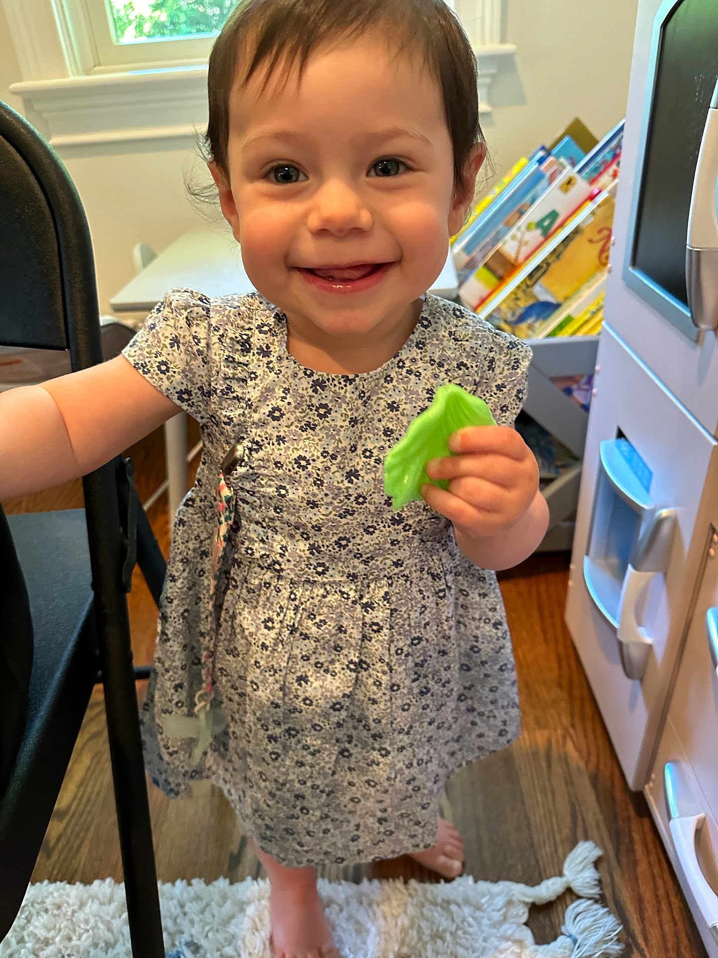 Dylan is registered to the contest to win money with this photo: toddler, child, smiling, dress, barefoot, toy, leaf, indoor, rug, floor, books, furniture, window, happy, person, portrait, young_child, playroom, wood_floor, cute